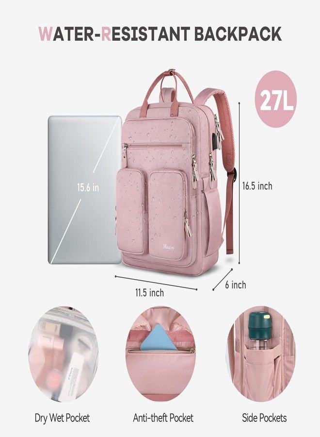 Mancro College Backpack for Women, 15.6 Inch TSA Laptop Bookbag with USB Charging Port and Wet Pocket, Large Capacity Travel Backpacks Casual Daypack, Pink - Image 5