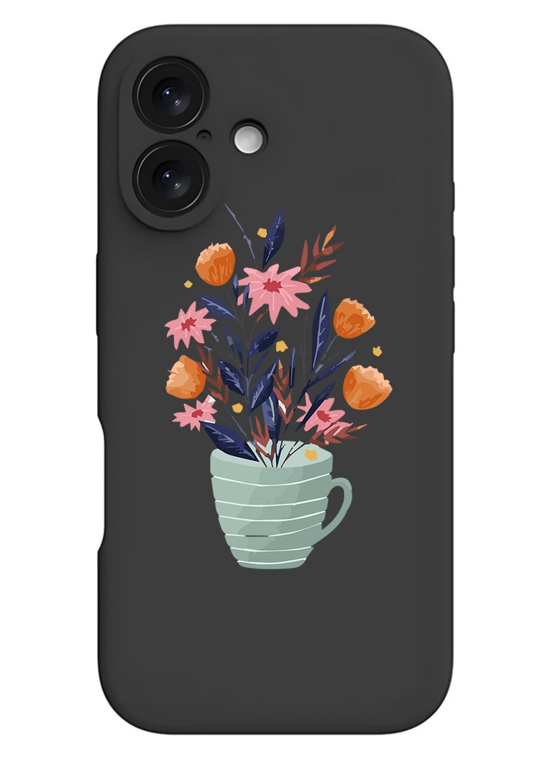 Theodor Protective Slim Fit Case Liquid Silicone Cover with Full Body Protection Anti-Scratch Shockproof Case For Apple iPhone 17 (Black) Cup of Flower - Image 1