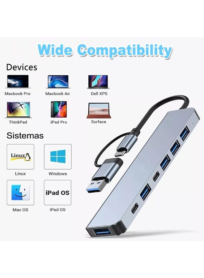 أوريون ماكس موزع USB-C متعدد المنافذ 7 في 1 مصنوع من الألومنيوم، مزود بـ 5 منافذ USB 3.0 ومنفذي USB-C، موزع USB عالي السرعة لأجهزة MacBook Pro/Air و iPad Pro وأجهزة Dell و HP المحمولة وغيرها. - Image 3