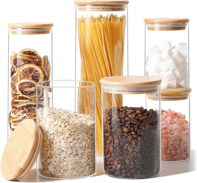 ComSaf Glass Food Storage Jars Set of 6, Clear Glass Storage Containers with Lids, Canisters Sets for the kitchen, Spaghetti, Pasta, Flour, Nuts, Oat, Coffee and Sugar Container, Pantry Organization - Image 1