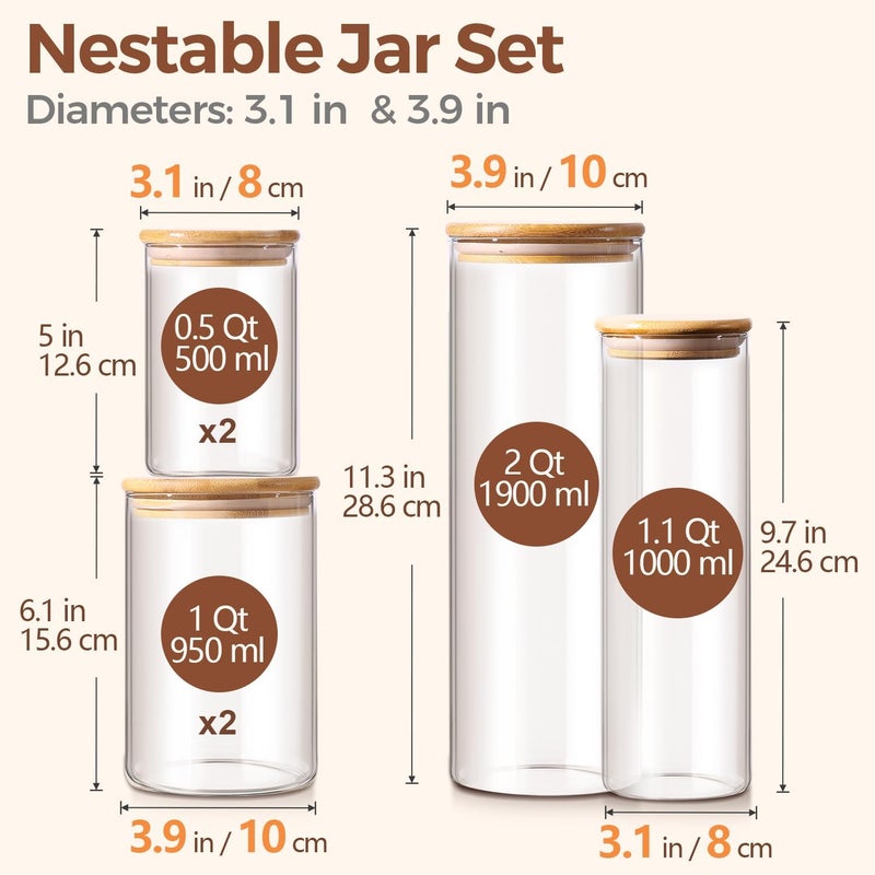 ComSaf Glass Food Storage Jars Set of 6, Clear Glass Storage Containers with Lids, Canisters Sets for the kitchen, Spaghetti, Pasta, Flour, Nuts, Oat, Coffee and Sugar Container, Pantry Organization - Image 2