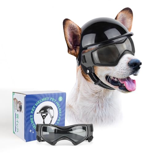 PETLESO Dog Goggles for Small Dogs with Helmet, 2PCS Doggy Sunglasses and Pet Motorcycle Helmet Set for Small Medium Breed Outdoor Driving Walking, Black - Image 1