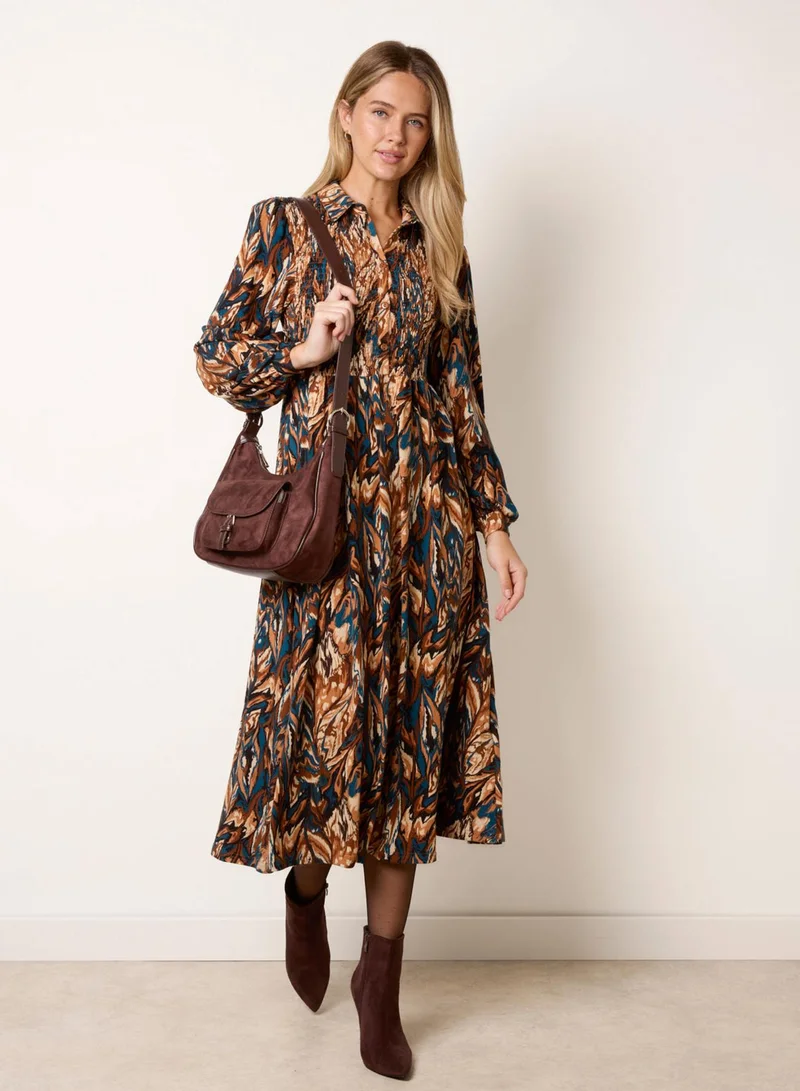 بلو فانيلا Abstract Soft Touch Button Front Collared Midi Dress
