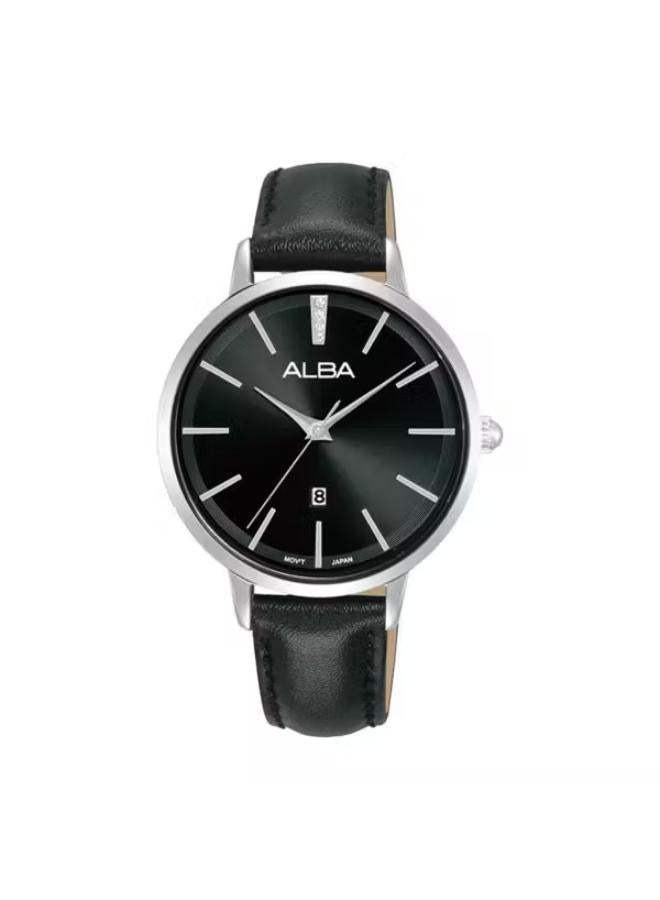 ALBA Ladies' Watch FASHION Black Leather Strap, Black Dial AH7CD9X1