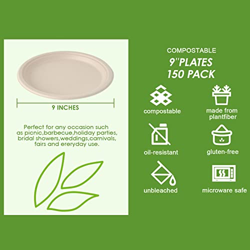 Vplus 150 Pack Paper Plates 9 inch 100% Compostable, Heavy-Duty Disposable Paper Plates Bagasse Natural Biodegradable Eco-Friendly Sugarcane - Image 3
