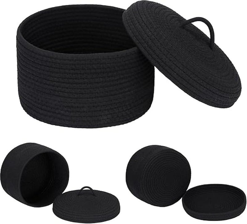 GRATIFY Mansa Traders Round Cotton Rope Storage Basket with Lid, Lidded Woven Storage Bin, Nursery Storage Container, Diaper Caddy, Baby Shower Basket, Box, Organizer, 10 x 10 x 6 Inches (Medium , Black) - Image 3