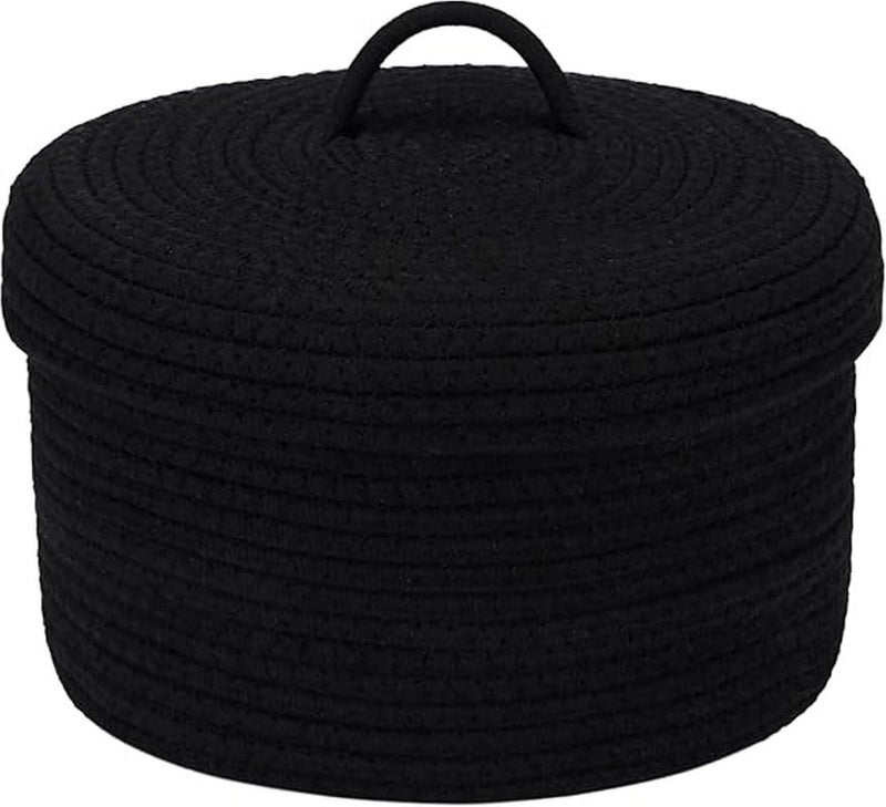 GRATIFY Mansa Traders Round Cotton Rope Storage Basket with Lid, Lidded Woven Storage Bin, Nursery Storage Container, Diaper Caddy, Baby Shower Basket, Box, Organizer, 10 x 10 x 6 Inches (Medium , Black) - Image 1