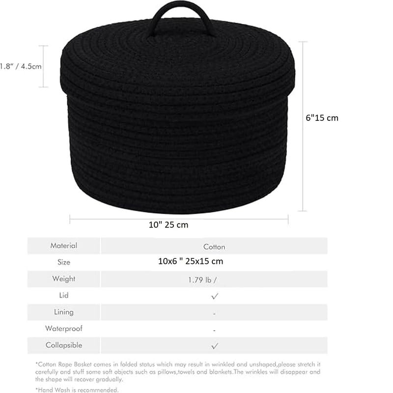 GRATIFY Mansa Traders Round Cotton Rope Storage Basket with Lid, Lidded Woven Storage Bin, Nursery Storage Container, Diaper Caddy, Baby Shower Basket, Box, Organizer, 10 x 10 x 6 Inches (Medium , Black) - Image 4