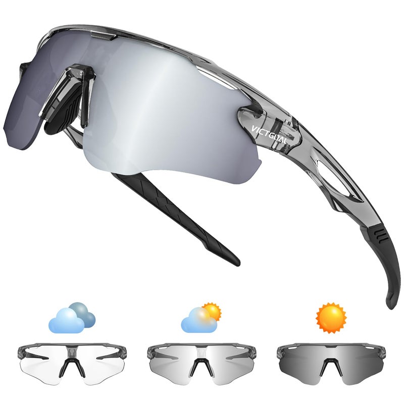 VICTGOAL Cycling Glasses Photochromic Sunglasses for Men Women TR90 Frame Glasses with UV Protection MTB Glasses for Cycling (Grey), Large - Image 1