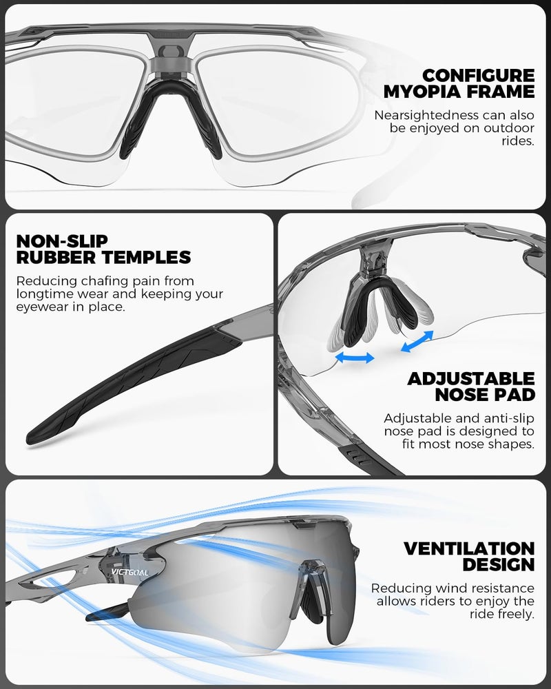 VICTGOAL Cycling Glasses Photochromic Sunglasses for Men Women TR90 Frame Glasses with UV Protection MTB Glasses for Cycling (Grey), Large - Image 5
