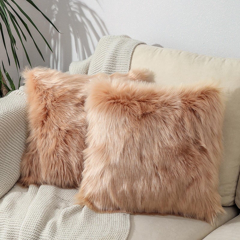 linmopm Excluding Insert Faux Fur Sheepskin Pillow Cover White Shag Fuzzy 18x18 Inch Beige 2 Pcs Super Soft Fluffy Cushion Plush Pillow Case Luxury Living Room Sofa Bed Home Decor Chair Cushion