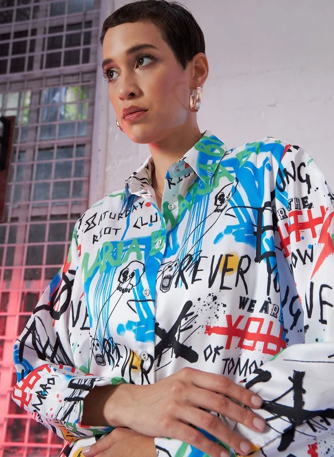 SASSAFRAS Comfort Oversized Typography Printed Satin Casual Shirt for Women