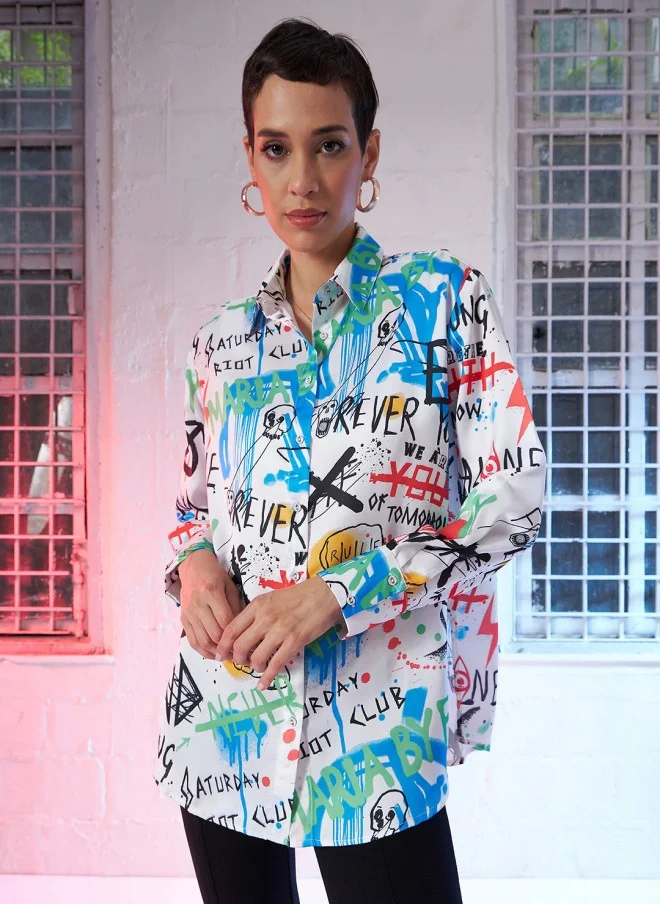 SASSAFRAS Comfort Oversized Typography Printed Satin Casual Shirt for Women