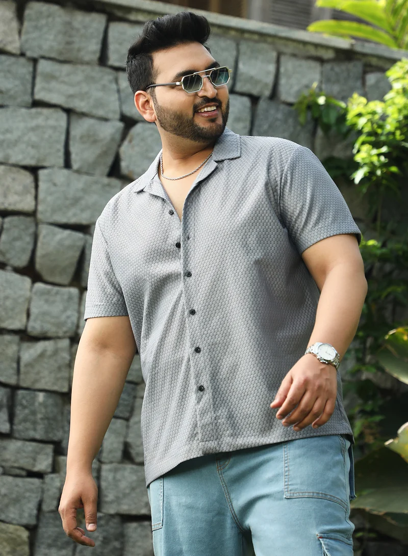 Instafab Plus Instafab Plus Men's Moon Grey Honeycomb Woven Shirt For Casual Wear | Cuban Collar | Short Regular Sleeves | Button Closure | Plus Size Shirt Crafted With Comfort Fit For Everyday Wear