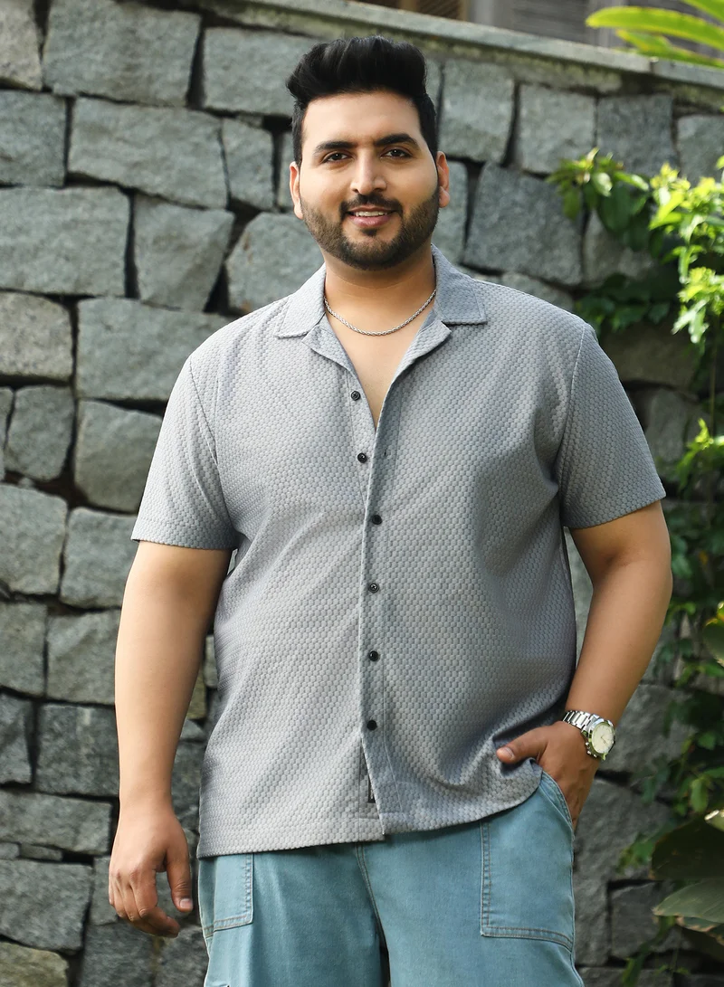 Instafab Plus Instafab Plus Men's Moon Grey Honeycomb Woven Shirt For Casual Wear | Cuban Collar | Short Regular Sleeves | Button Closure | Plus Size Shirt Crafted With Comfort Fit For Everyday Wear