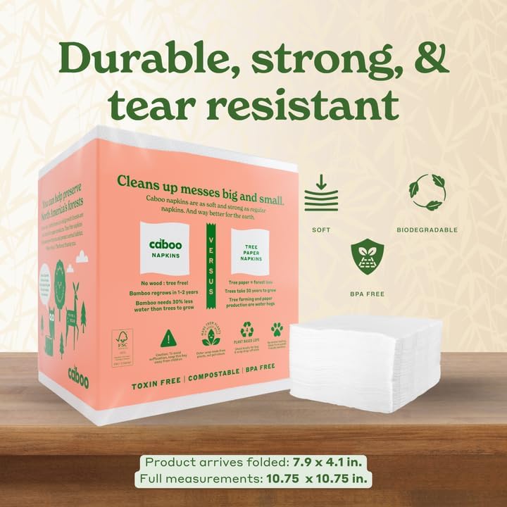 CABOO Tree Free Dinner Napkins - 4 Packs of 150, 600 Total Paper Napkins, Sustainable and Disposable White Napkin - Image 5