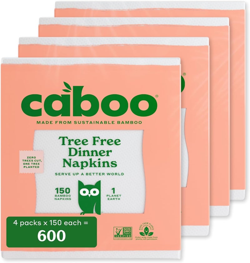 CABOO Tree Free Dinner Napkins - 4 Packs of 150, 600 Total Paper Napkins, Sustainable and Disposable White Napkin - Image 1
