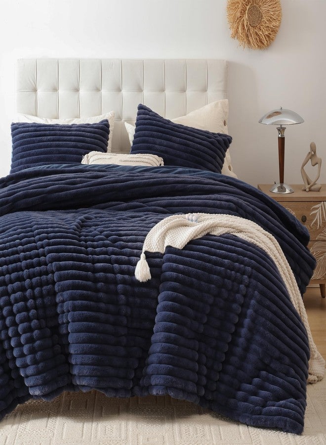 Smoofy Fluffy Full Size Comforter Sets 3 Pieces - Navy Blue Fleece Fluffy Comforter Set, Luxury Fuzzy Full Bed Set, Soft Comforter Full Size All Season, Heavy Faux Fur Comforter with 2 Pillow Cases - Image 1