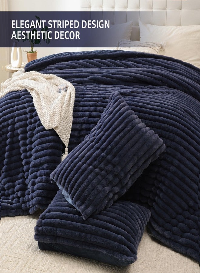 Smoofy Fluffy Full Size Comforter Sets 3 Pieces - Navy Blue Fleece Fluffy Comforter Set, Luxury Fuzzy Full Bed Set, Soft Comforter Full Size All Season, Heavy Faux Fur Comforter with 2 Pillow Cases - Image 3