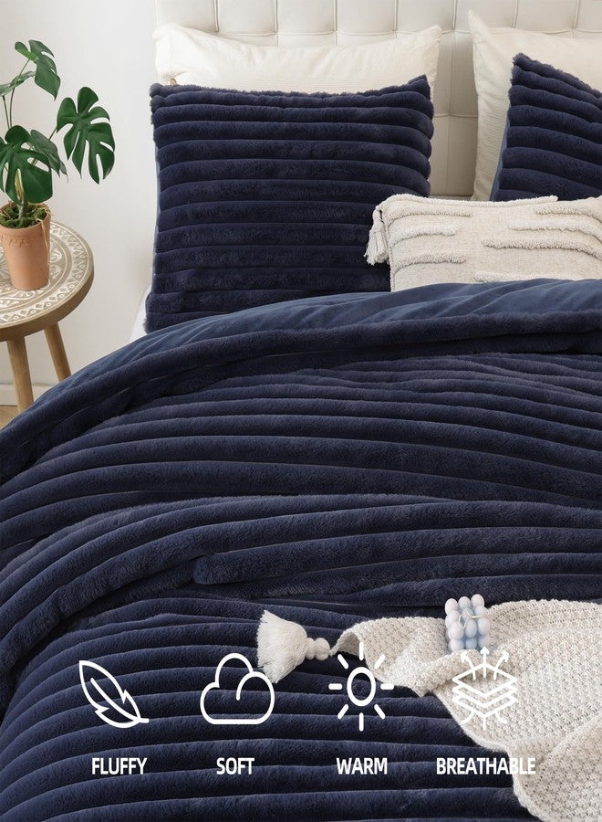 Smoofy Fluffy Full Size Comforter Sets 3 Pieces - Navy Blue Fleece Fluffy Comforter Set, Luxury Fuzzy Full Bed Set, Soft Comforter Full Size All Season, Heavy Faux Fur Comforter with 2 Pillow Cases - Image 2