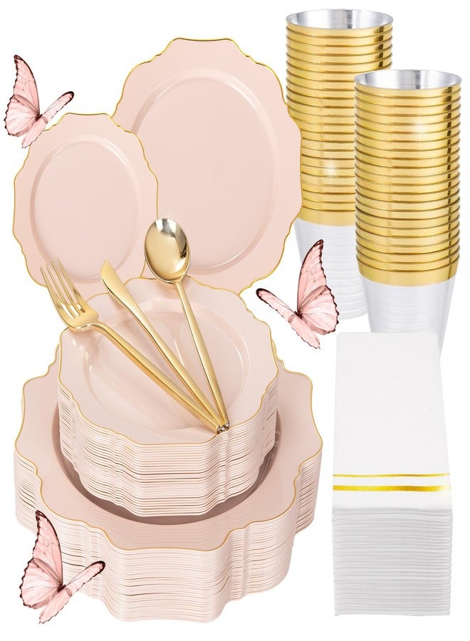 WDF 175Pcs Pink Plastic Plates - Pink and Gold Plates Disposable 25guest Plastic Dinnerware Ideal for Tea Party/Bridal Shower/Wedding/Baby Shower/Birtyday Party - Image 1