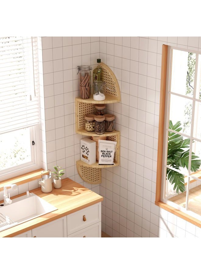 WOPITMER 3-Tier Corner Shelf - Wooden Rattan Wall Mounted, Zig Zag Hanging Shelves for Bedroom, Living Room & Bathroom - Image 5