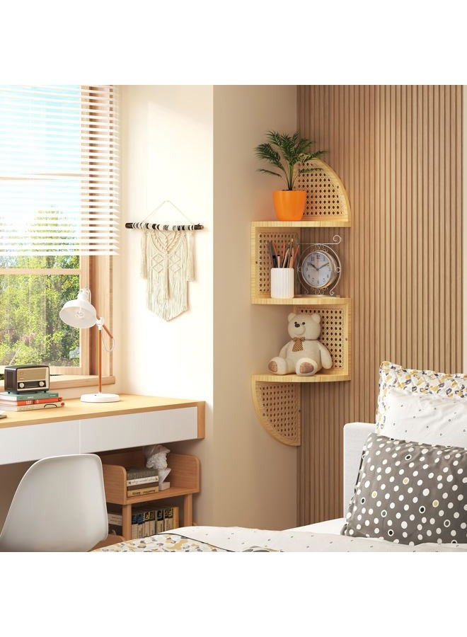 WOPITMER 3-Tier Corner Shelf - Wooden Rattan Wall Mounted, Zig Zag Hanging Shelves for Bedroom, Living Room & Bathroom - Image 3