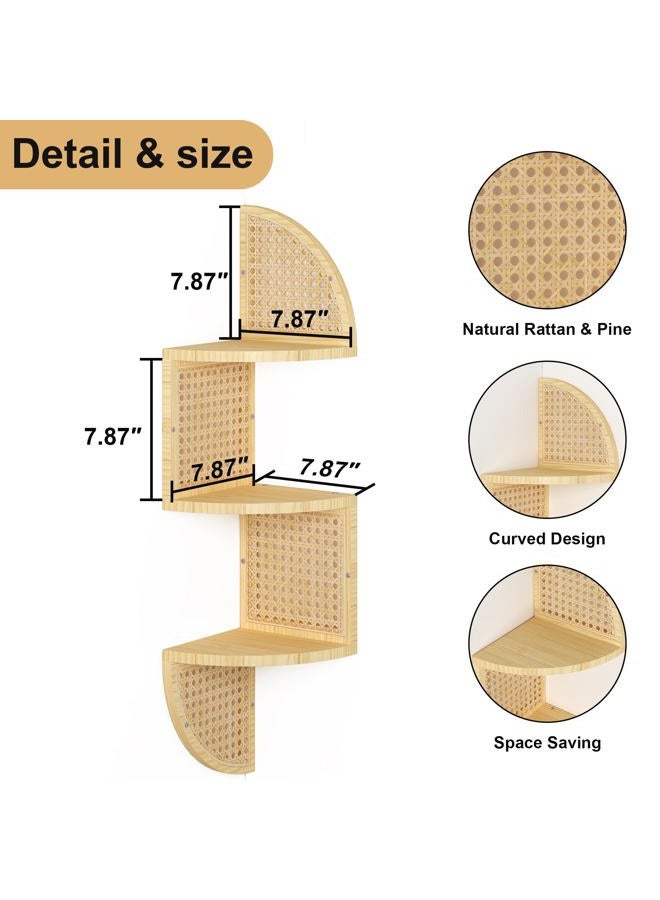 WOPITMER 3-Tier Corner Shelf - Wooden Rattan Wall Mounted, Zig Zag Hanging Shelves for Bedroom, Living Room & Bathroom - Image 4