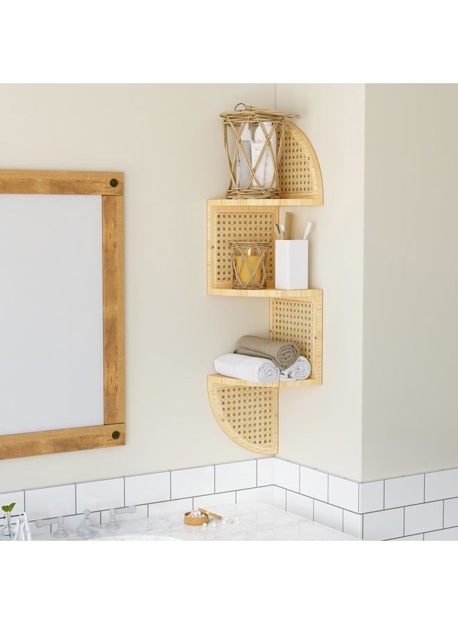 WOPITMER 3-Tier Corner Shelf - Wooden Rattan Wall Mounted, Zig Zag Hanging Shelves for Bedroom, Living Room & Bathroom - Image 2