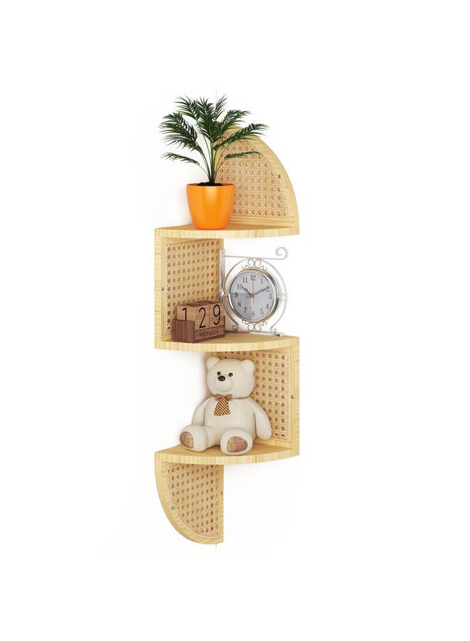 WOPITMER 3-Tier Corner Shelf - Wooden Rattan Wall Mounted, Zig Zag Hanging Shelves for Bedroom, Living Room & Bathroom - Image 1