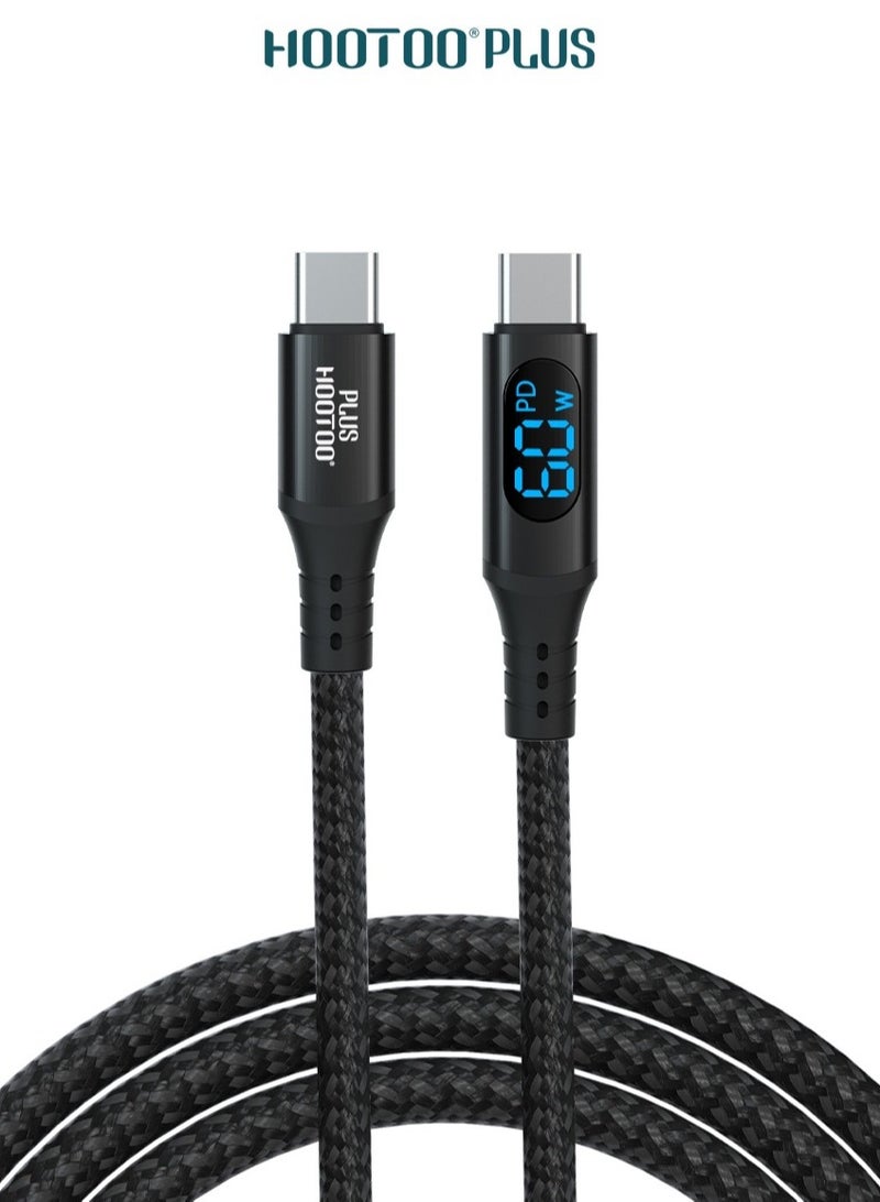 HooToo Hootoo 60W type c cable fast charger. Type-C charging cable with a digital display showing charging speed in watts. 1-meter iphone charger cable. Fabric type c to type c cable that's hard to tear.  - Image 1
