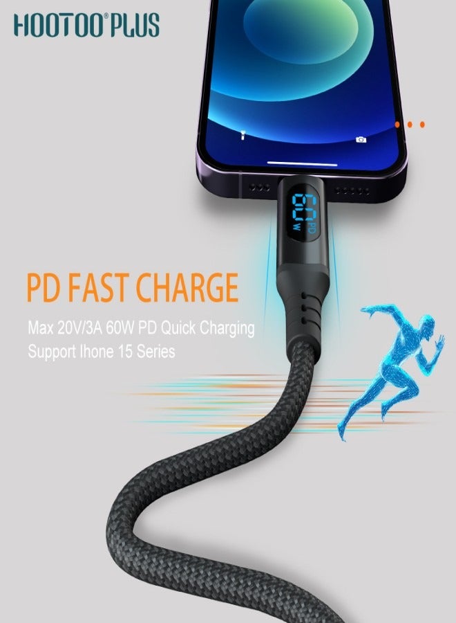 HooToo Hootoo 60W type c cable fast charger. Type-C charging cable with a digital display showing charging speed in watts. 1-meter iphone charger cable. Fabric type c to type c cable that's hard to tear.  - Image 2