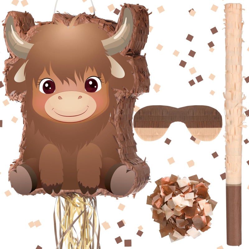 Seematn Highland Cow Pinata Birthday Supplies with Blindfold Bat and Confetti for Animals Themed Party Decorations Gift 1575 x 122 x 295 Inch - Image 3