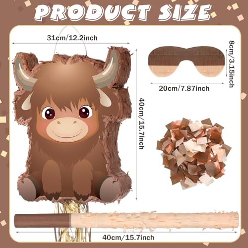 Seematn Highland Cow Pinata Birthday Supplies with Blindfold Bat and Confetti for Animals Themed Party Decorations Gift 1575 x 122 x 295 Inch - Image 5