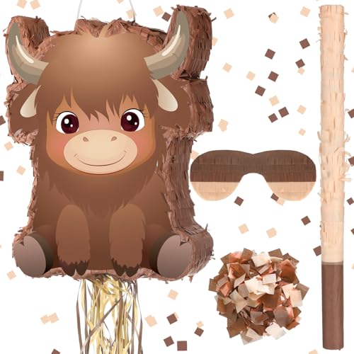 Seematn Highland Cow Pinata Birthday Supplies with Blindfold Bat and Confetti for Animals Themed Party Decorations Gift 1575 x 122 x 295 Inch - Image 1