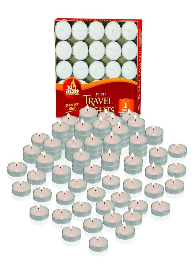 Ner Mitzvah Mini Tea Light Candles, White Unscented Travel, Centerpiece, Decorative Candle, 1 Hour Burn Time, Pressed Wax - Bulk (Pack of 50) - Image 1