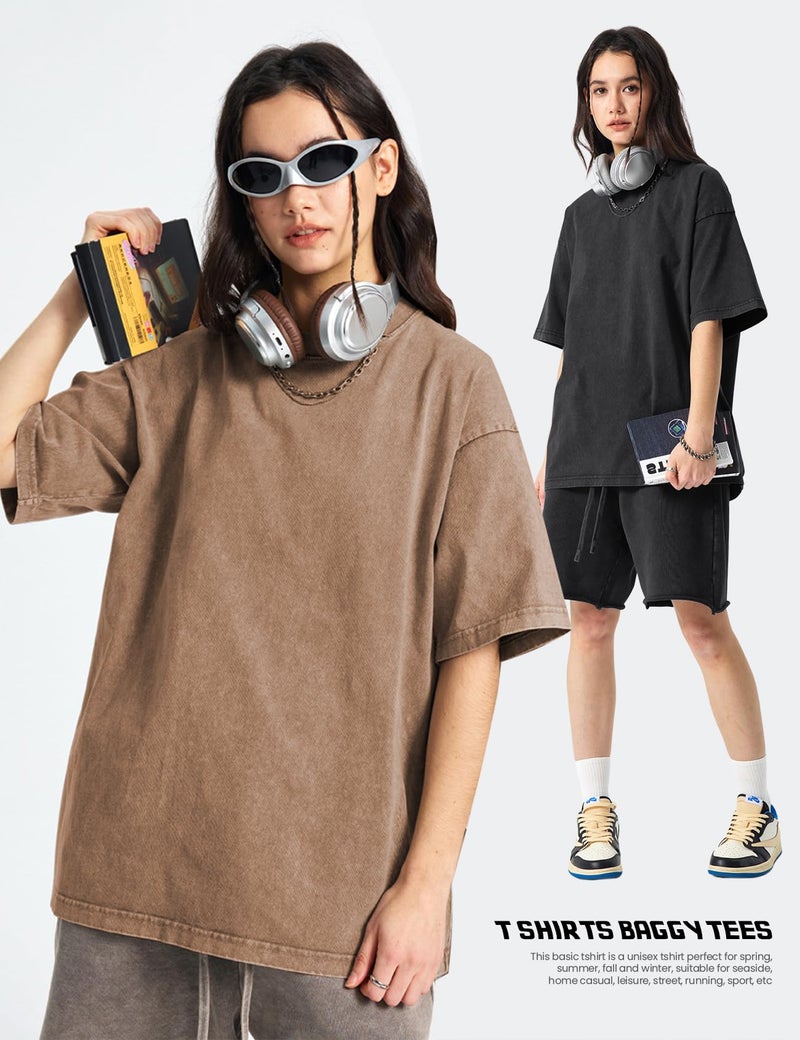 Yimoon Women's 4 Pack Oversized T-Shirts Acid Wash Boyfriend Cotton Teen Shirt Loose Fit Vintage Unisex Streetwear Tops(BlackArmyKhakiBeige-L) - Image 3