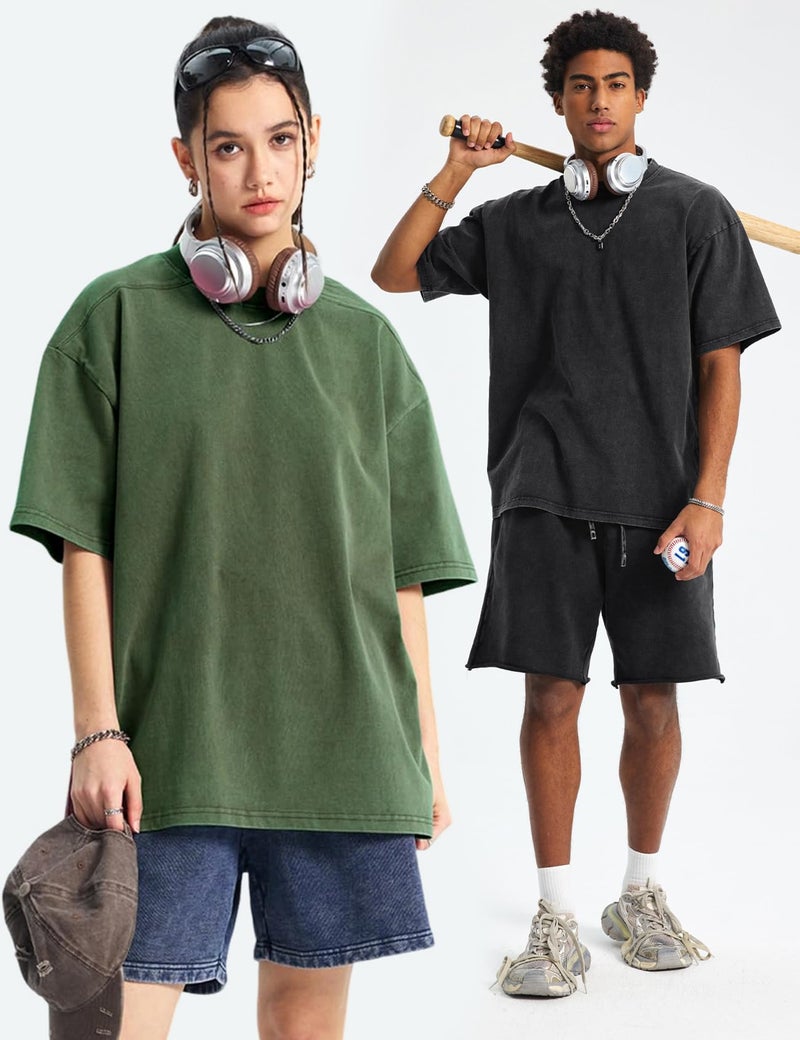 Yimoon Women's 4 Pack Oversized T-Shirts Acid Wash Boyfriend Cotton Teen Shirt Loose Fit Vintage Unisex Streetwear Tops(BlackArmyKhakiBeige-L) - Image 4