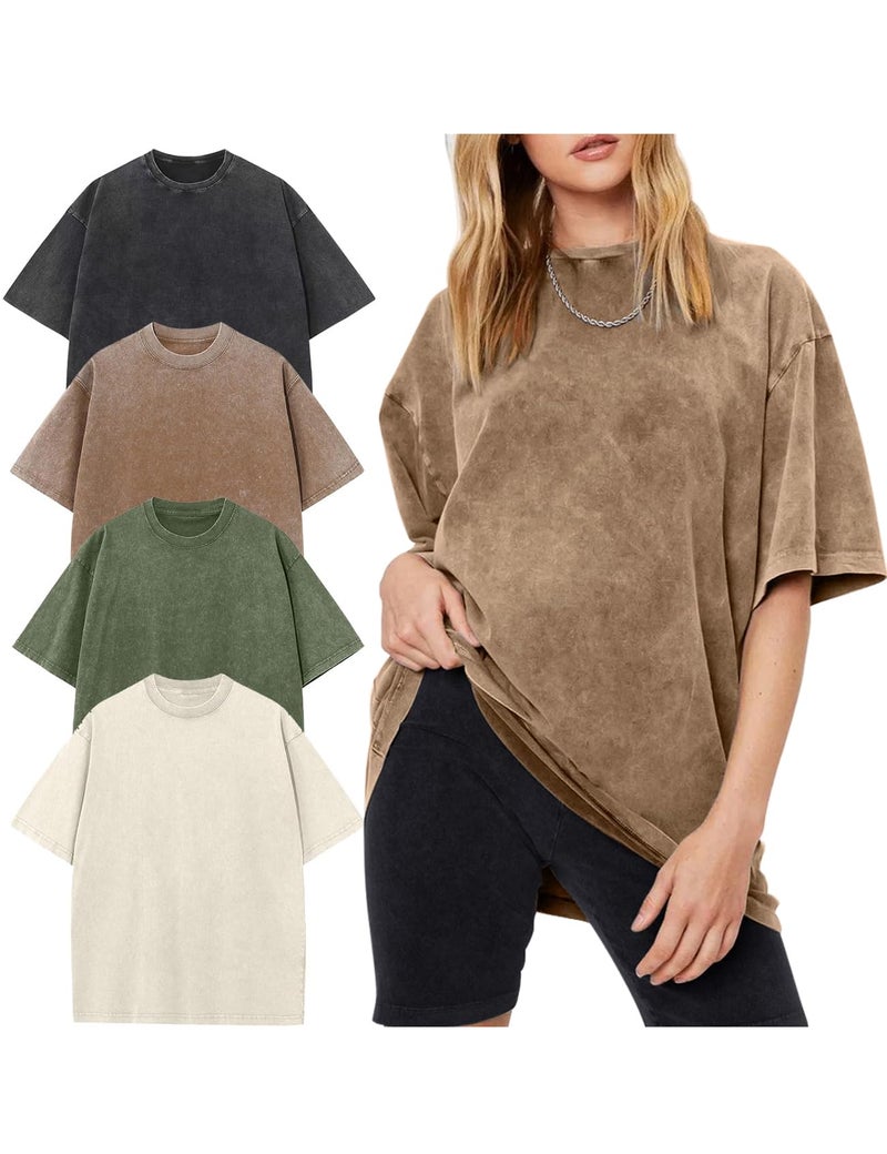 Yimoon Women's 4 Pack Oversized T-Shirts Acid Wash Boyfriend Cotton Teen Shirt Loose Fit Vintage Unisex Streetwear Tops(BlackArmyKhakiBeige-L) - Image 1