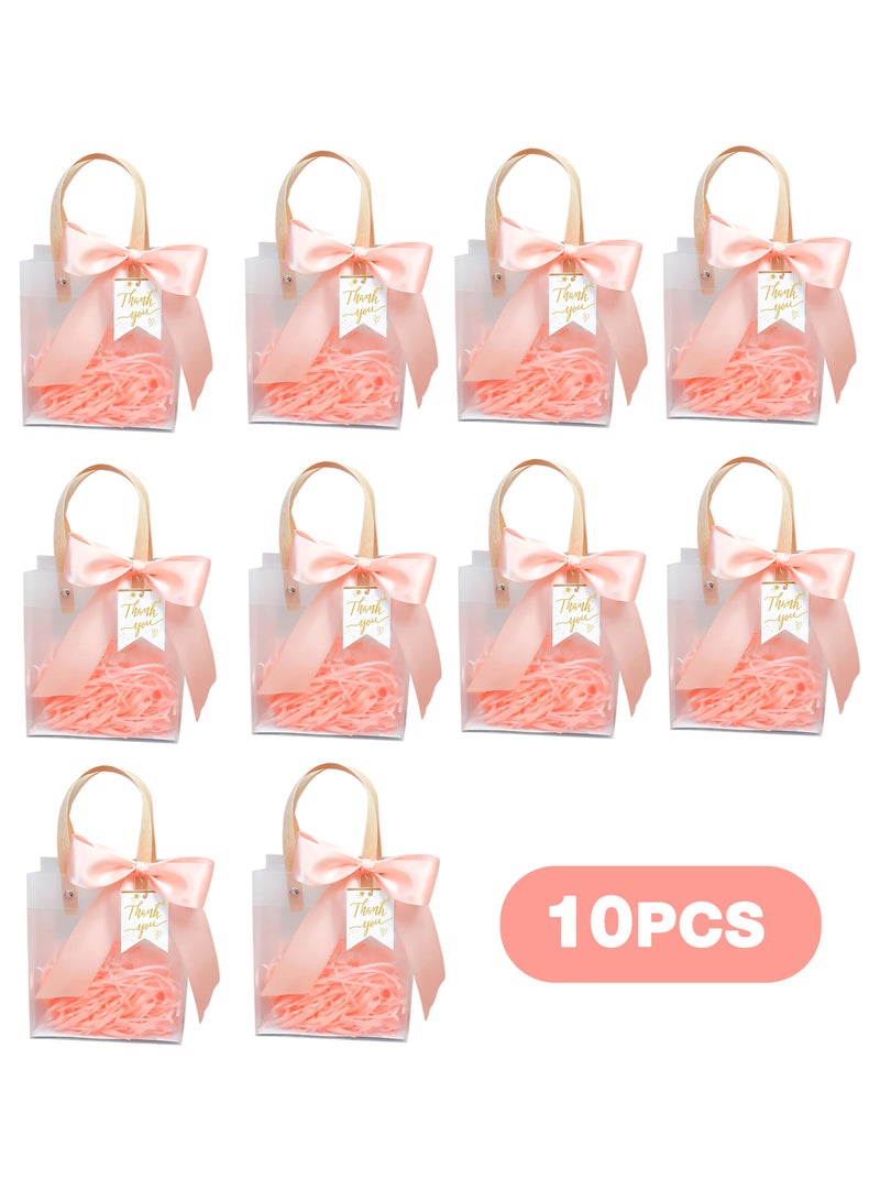 10 PCS Clear Gift Bags with Handles, Reusable Party Favor Bags with Ribbon Large Transparent Gift Wrap Bags Bulk for Weddings Birthdays, Pink 22x9x25cm - Image 1