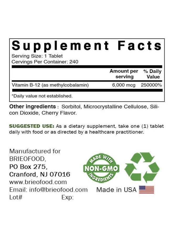 Brieofood Vitamin B-12 (Methycoballamin) 6000 mcg- 240 Tablets. Non-GMO, and Gluten Free - Image 2