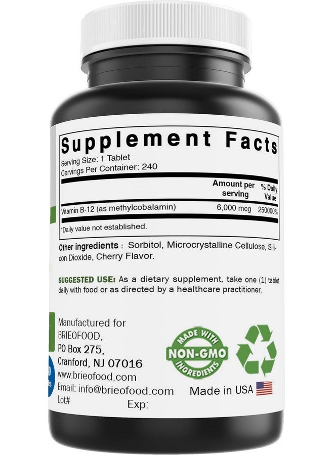 Brieofood Vitamin B-12 (Methycoballamin) 6000 mcg- 240 Tablets. Non-GMO, and Gluten Free - Image 4
