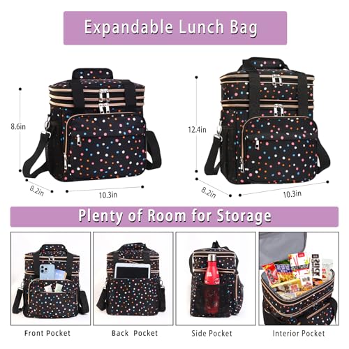 GLENKEY Expandable Lightweight Insulated Lunch Box for Women, Double Deck Large Lunch Bag Leakproof Soft Cooler Bags for Adults Work Office Flight Beach Travel, Polka Dots, 16L - Image 3