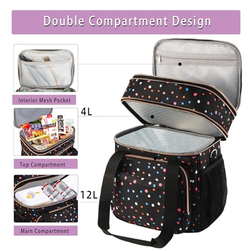 GLENKEY Expandable Lightweight Insulated Lunch Box for Women, Double Deck Large Lunch Bag Leakproof Soft Cooler Bags for Adults Work Office Flight Beach Travel, Polka Dots, 16L - Image 2