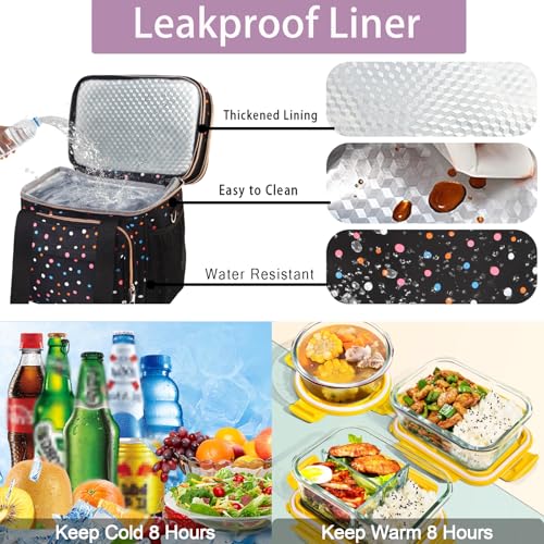 GLENKEY Expandable Lightweight Insulated Lunch Box for Women, Double Deck Large Lunch Bag Leakproof Soft Cooler Bags for Adults Work Office Flight Beach Travel, Polka Dots, 16L - Image 4