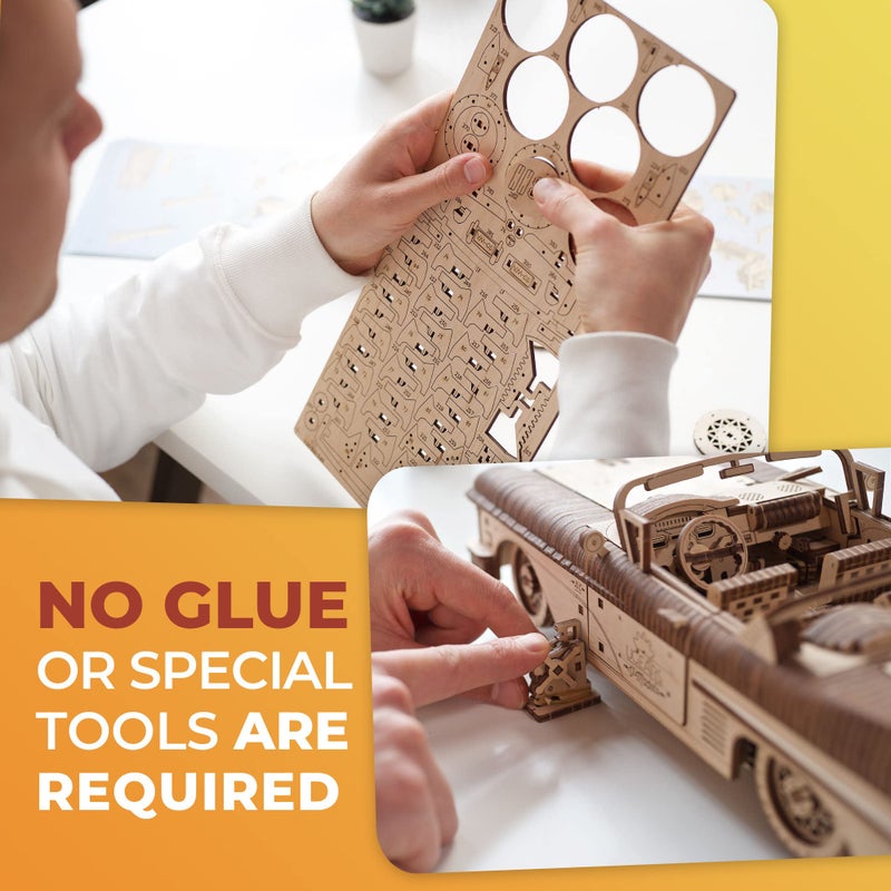 UGEARS Dream Cabriolet VM-05 Wooden 3D Puzzles for Adults - 3D Wooden Puzzles for Adults - Mechanical Model Car Kit - Retro 1950s Inspired DIY Craft, 3D Puzzle - Image 4