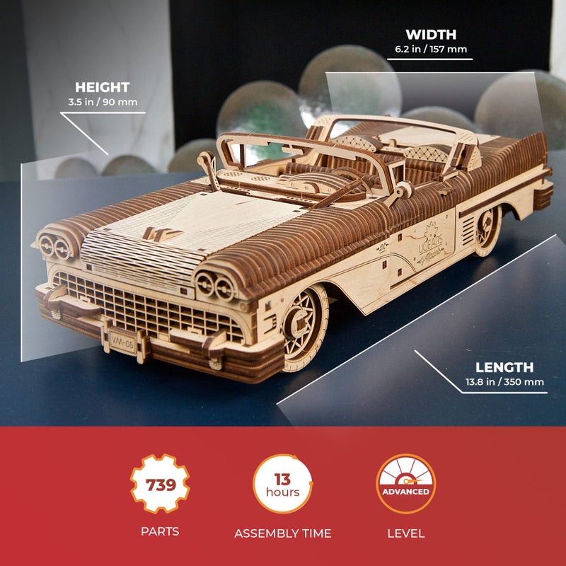 UGEARS Dream Cabriolet VM-05 Wooden 3D Puzzles for Adults - 3D Wooden Puzzles for Adults - Mechanical Model Car Kit - Retro 1950s Inspired DIY Craft, 3D Puzzle - Image 2