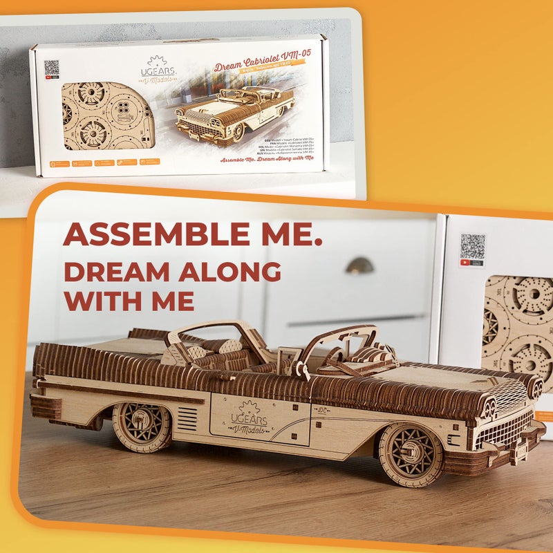 UGEARS Dream Cabriolet VM-05 Wooden 3D Puzzles for Adults - 3D Wooden Puzzles for Adults - Mechanical Model Car Kit - Retro 1950s Inspired DIY Craft, 3D Puzzle - Image 5