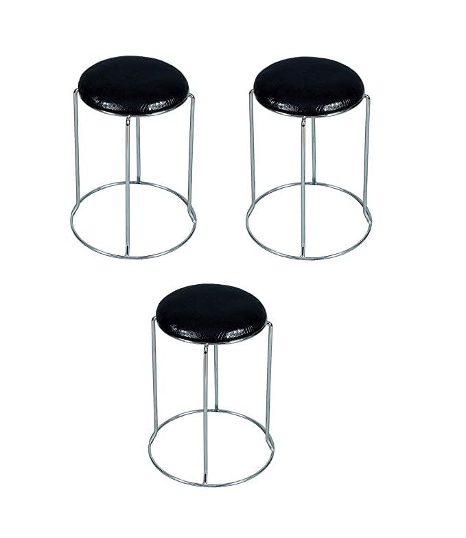 GoKoo Cushion Seat Stainless Steel Frame Stool for Living Room | Kitchen | Office | Classroom Steel Stool (Set of 3) (Black) - Image 1