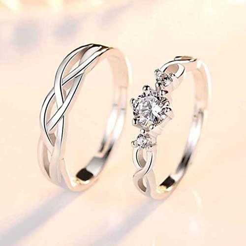 MEENAZ CZ Valentine American diamond Adjustable Heart Love Ring Combo set Platinum Silver propose AD Couples 2 Finger Rings for girls women Couple girlfriend King Queen Gf BF lovers men boys - Image 4